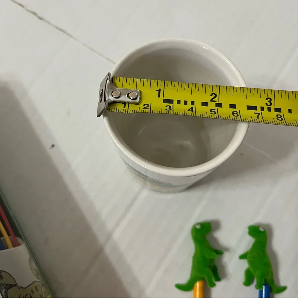Vintage Dinosaur Pencil Set w/Ceramic Cup Holder & 3 Wooden Pencils w/ Toppers
